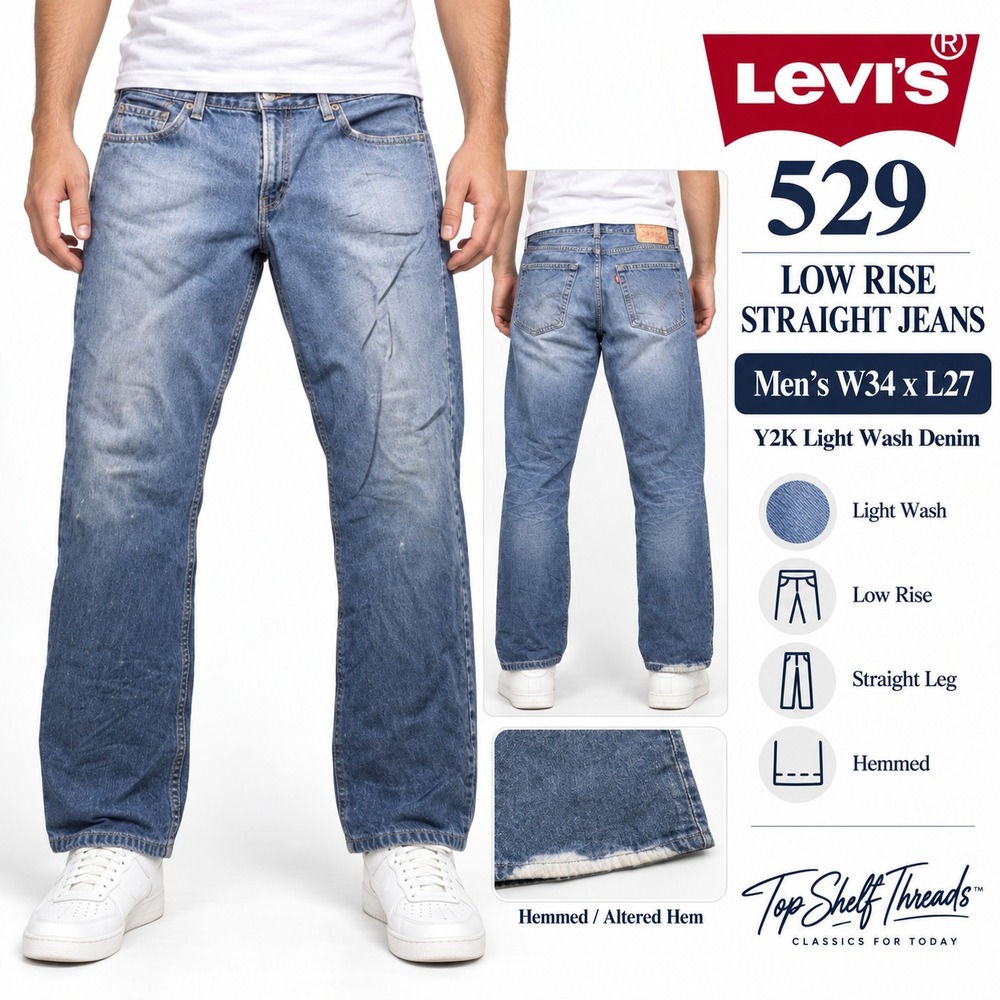 Y2K Levi's 529 Jeans Men W34 L27 Low Rise Straight Baggy Light Wash Hemmed Denim